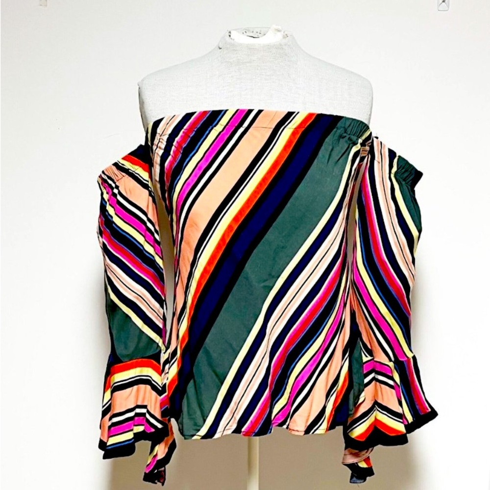 Quruba Women's Off Shoulder Striped Top Blouse Bell Sleeves Medium Multicolor